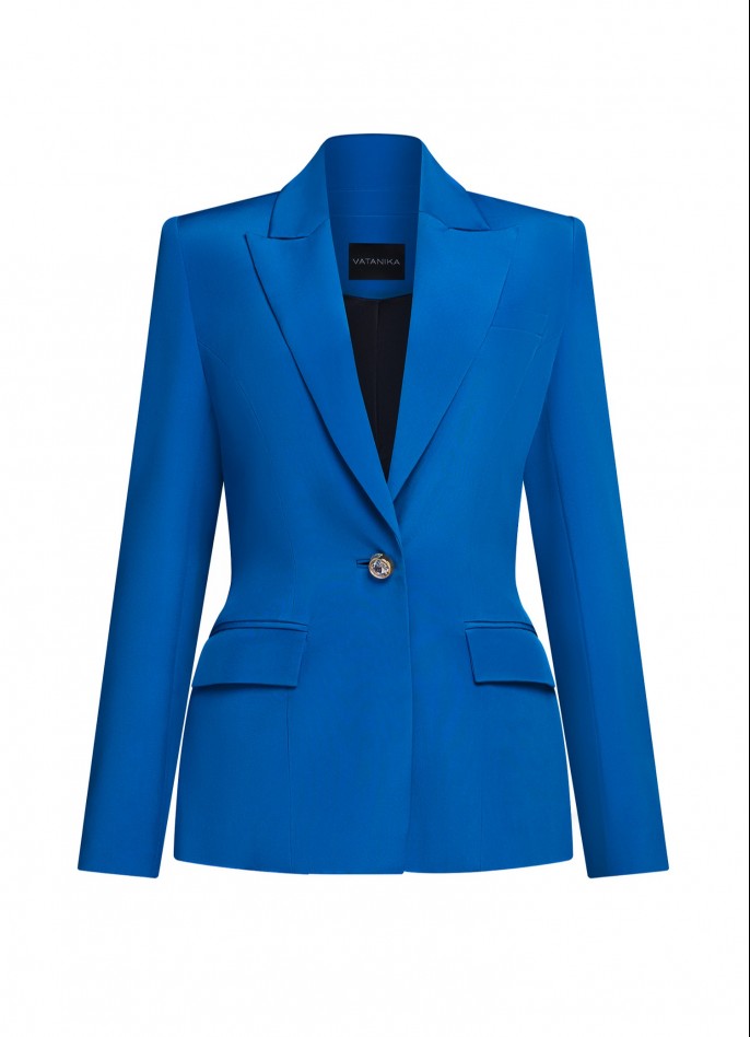 PRUSSIAN BLUE SILK DIAMENTÉ-BUTTONS BLAZER